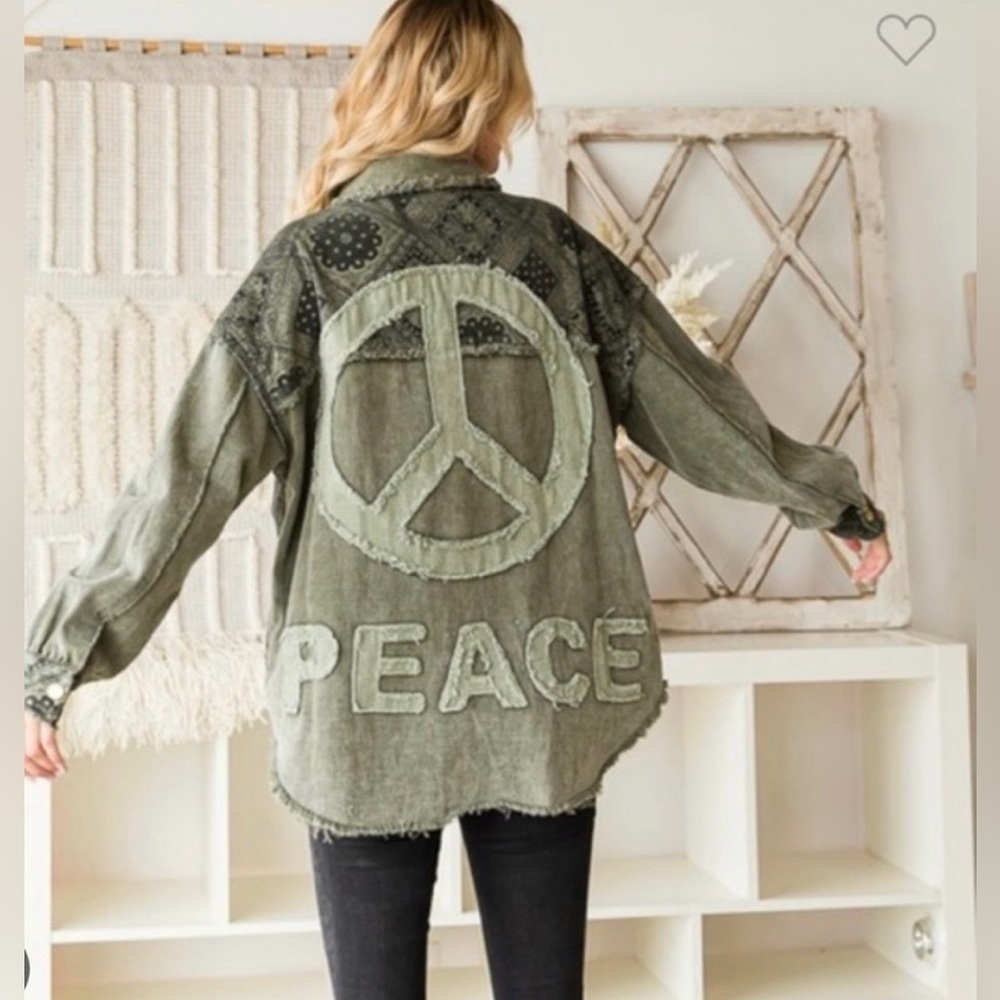 Oli & Hali Peace Out Soft Oversized Denim Patchwork Shirt Jacket. Olive - Green